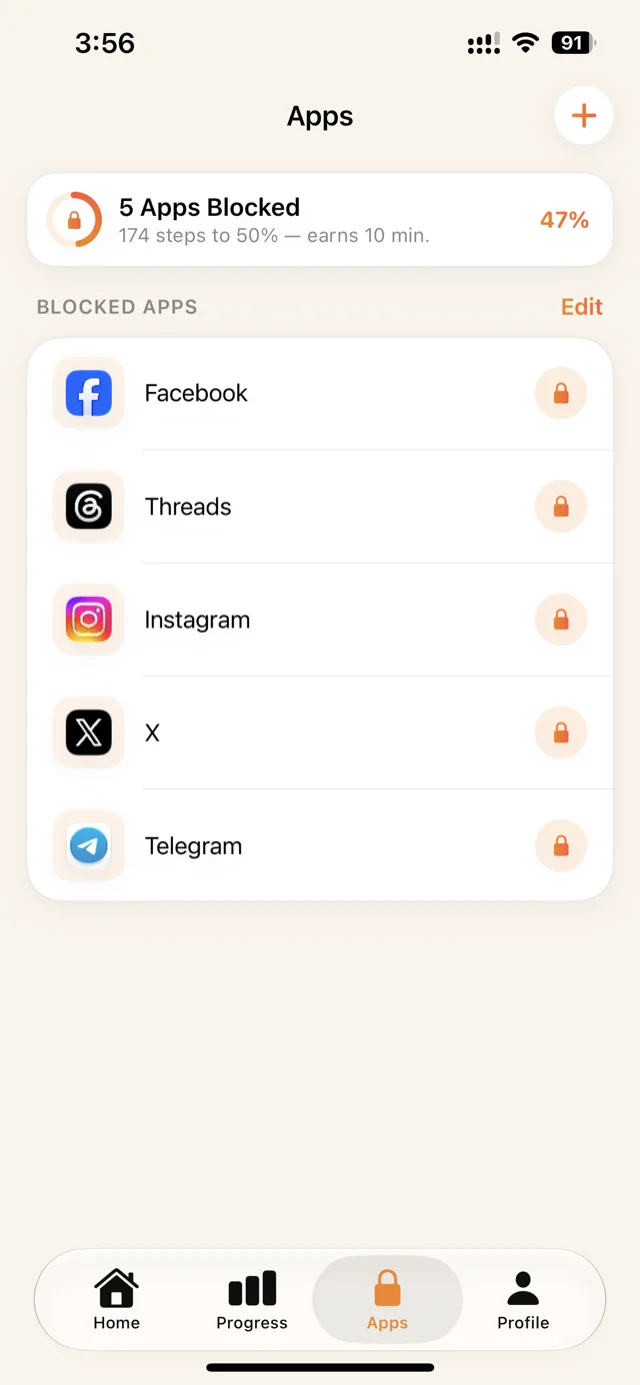 WalkFirst blocked apps list showing steps needed for the next unlock
