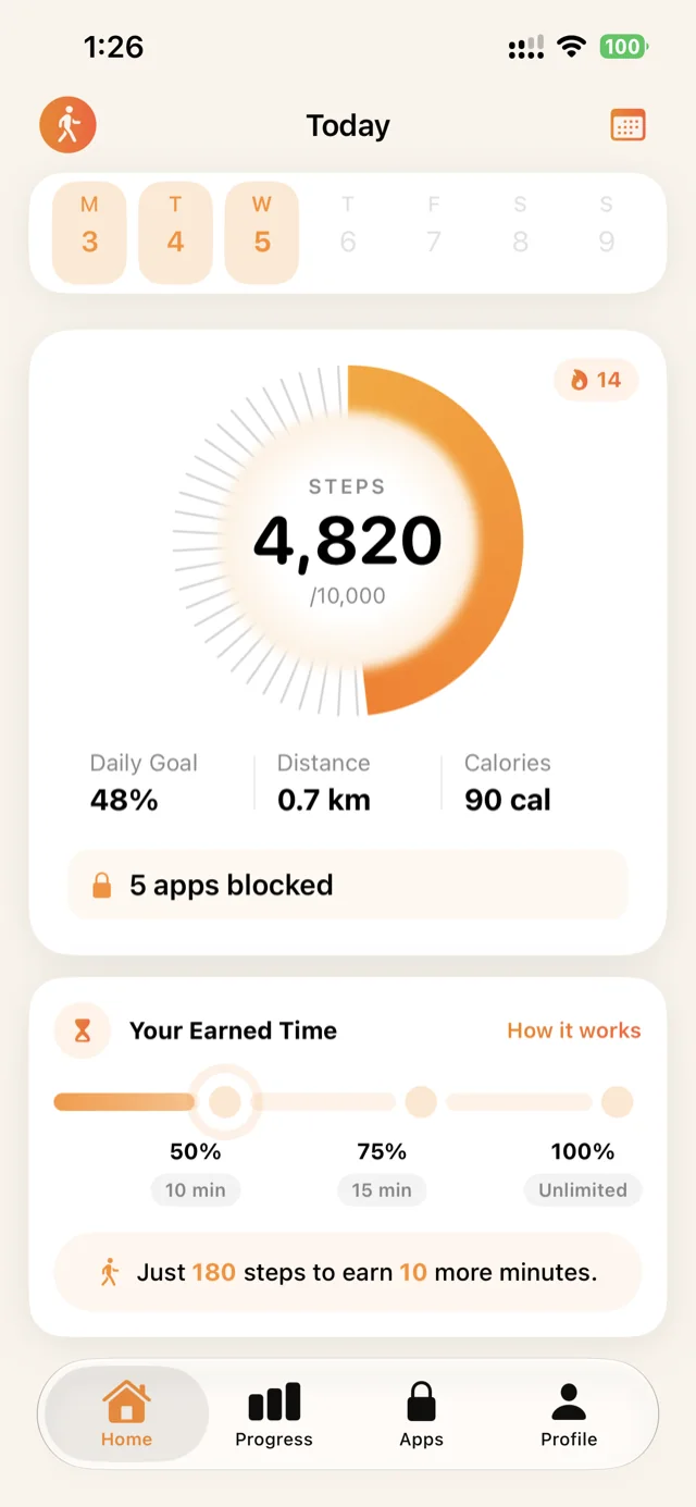 WalkFirst home screen with step ring, blocked apps and earned time