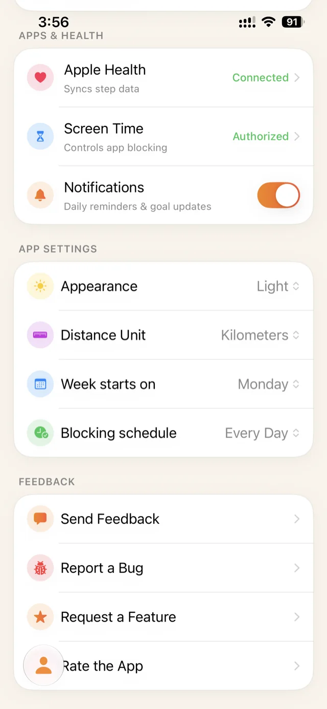 WalkFirst settings showing Apple Health connected and Screen Time authorized